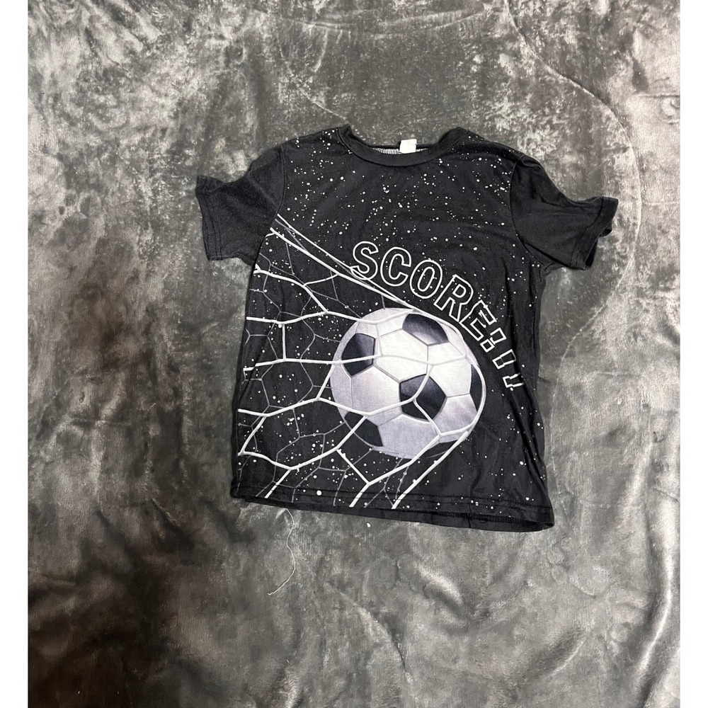 Shein Kids Black Soccer Graphic Tee Score Splatter Print Shirt Size 8Y